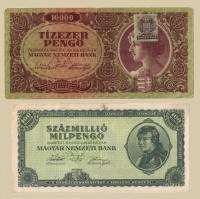 Hungary 1945 10,000 Pengo 1946 100 Mill Pengo Bill Lot  