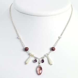   Amethyst/Purple CZ/Mop/Purple&White Cultured Pearl Necklace   16 Inch