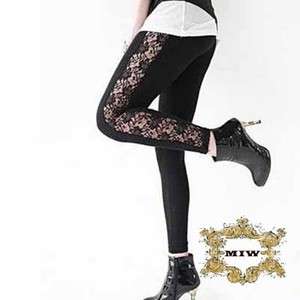 Black Cotton & Side See through Lace Fashion Skinny Pants Leggings Sz 