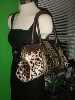 Guess Fuzzy Leopard Print Belted Shopper Shoulder Bag Handbag Purse 