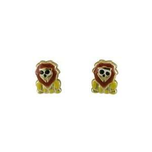    18K Yellow Gold Enamel Lion Post Earrings (8mm X 5mm): Jewelry