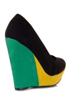 NEW QUPID Women Platform Colorblock Wedge Heel Pump green yellow Black 