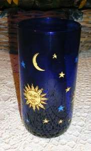 Libbey Cobalt Blue Glass Celestial Sun Moon Star Galaxy Beverage 