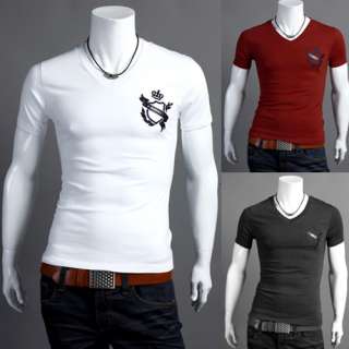 Crown embroidered Men V neck slim fit t shirts short tees tops 3 