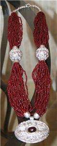 Ethnic Jewelry Handcrafted Ruby Red Glass Beads Silver Medallion 