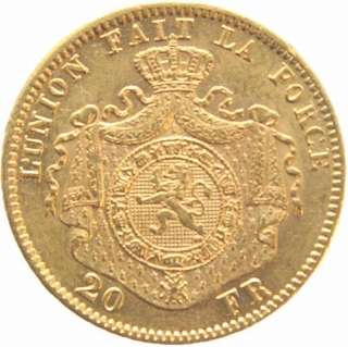 BELGIUM 20 FRANCS KM# 37 XF++ GOLD COIN Leopold II 1871  