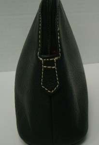   BLACK PEBBLED LEATHER COMESTIC MAKEUP BAG W/ RED LINING ZIP TOP  