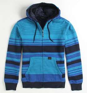 Volcom Stone Dirked Blue Stripe Faux Fur Lined Zip Hoodie Sweatshirt 