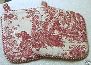Pr. 2 Potholders Waverly Country Life Toile; Red Ivory  