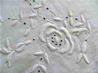 Antique Round Tablecloth White Hand Embroidered Flowers  