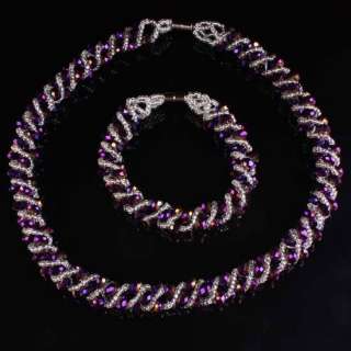 Purple Crystal Glass Faceted Bead Bracelet Necklace Set  