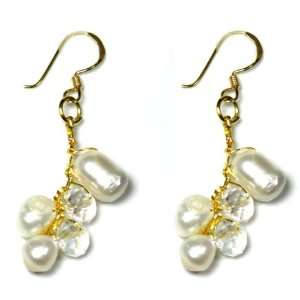  Gold Silk Earring   White Pearl/ Clear Crystal Jewelry