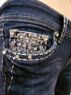 Women LA Idol Skinny Jeans Crystal Fleur De Lis Jewel Flap Pocket 