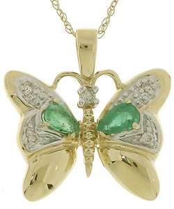 14k Gold Emerald Diamond Butterfly Pendant  