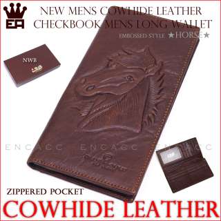   Mens Vintage Cowhide Leather Checkbook Long Wallet★HORSE★Zippered