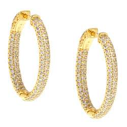 Gold over Silver Oval Pave Cubic Zirconia Hoop Earrings   