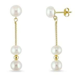  14KY Drop Earrings w/ 6 6.5mm FW Pearls & 3mm Gold Beads 