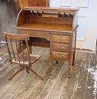 Antique Childrens Oak C roll top oak desk with chair