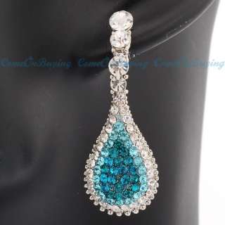   Shinning Water Drop Blue & White Crystal Stud Dangle Earrings  