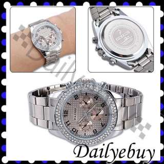 Silver Band Bling Crystal Decor Dial Mens Ladys Watch  