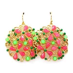  Lovely Spring Green and Pink Gold Tone Earrings: Jewelry