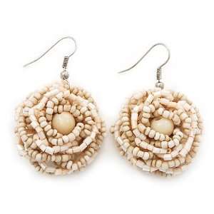  Antique White Glass Bead Dimensional Rose Drop Earrings 