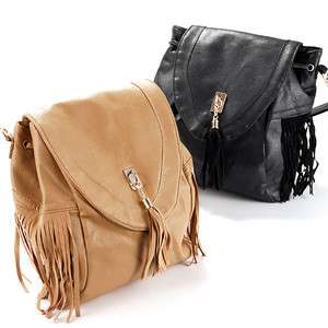 way PU Leather women lady drawstring shoulder bag backpack fringe 