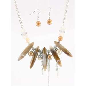  Tribal Beads and Pearl Chain Drop Necklace and Earrings Set: Jewelry