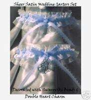 White Blue SWAROVSKI WEDDING Garter Garters DoubleHeart  