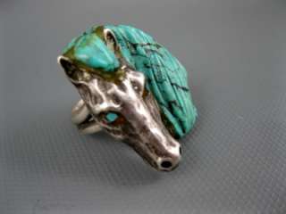 Old Hopi Sterling Horse Carved Turquoise Ring Size 9.75 Johnny Blue 