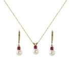   Freshwater Pearl and Ruby Pendant and Earring Set. 10k Yellow Gold