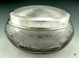 Antique Large Glass Jar w/ Sterling Barbour Etched Lid  