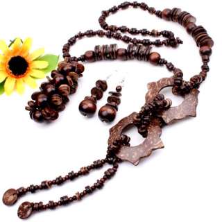 Brown Wooden Coconut Shell Beads Flower Pendant Necklace Bracelet 