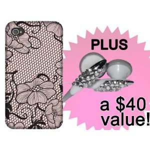   iPhone 4 Case in Pink Lace Romance + Crystal Earbuds 