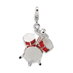    Sterling Silver 3D Red Enameled Drum Set Musical Charm Jewelry