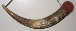 THIS AUCTION FEATURES AN ESTATE FIND OF A SCRIMSHAW CARVED POWDER HORN 
