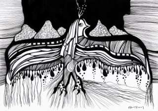 Free Eagle Bird Black White Mountains Abstract Art Original ink 