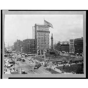 Public Square,monument,department stores,banks,trolley cars,Cleveland 