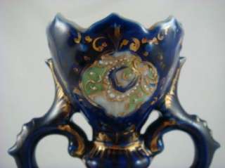   Pair Cobalt Blue Hand Painted Gold Gilded 2 Handled Vessel Vase  