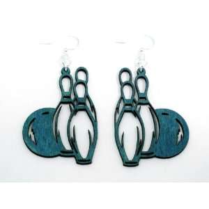  Teal Bowling Ball and Pins Wooden Earrings GTJ Jewelry