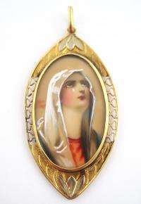   1920s Gold Filigree 18k Hand Painted HP Weeping Saint Necklace Pendant