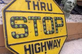 EARLY Vintage METAL YELLOW STOP SIGN Thru Highway GREEN MARBLE 