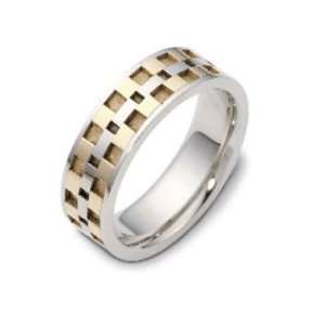  7mm 18K Two Tone Gold Checker Wedding Band: Jewelry