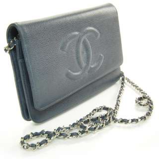 CHANEL Caviar Wallet on Chain Bag Purse WOC Navy Blue  
