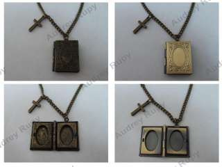 Antique Vintage Copper Book Locket & Cross Necklace  
