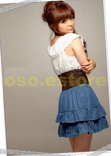 Two Tones Blouson Lace Collar Crewneck Pleated Jeans Skirt Mini Dress 