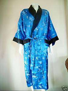 Asia Kimono Japan Satin Morgenmantel Blau Gr. L   Neu  