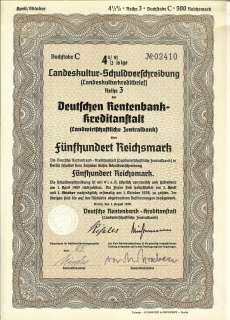   Reichsmark German Nazi Era War Bond Deutsche Rentenbank Tribal Art