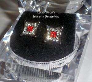 Mens Square Crystal and Red Rhinestone Stud Earrings  