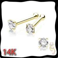 14K Yellow Gold 20g Nose Bone Stud Ring Clear CZ  